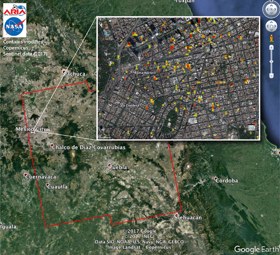 The ARIA team at NASA's JPL created this Damage Proxy Map (DPM) depicting areas of Central Mexico, including Mexico City, that are likely damaged (shown by red and yellow pixels) from the magnitude 7.1 Raboso earthquake of Sept. 19, 2017. The ARIA team at NASA's JPL created this Damage Proxy Map (DPM) depicting areas of Central Mexico, including Mexico City, that are likely damaged (shown by red and yellow pixels) from the magnitude 7.1 Raboso earthquake of Sept. 19, 2017.